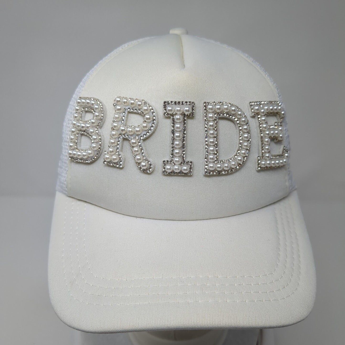 Bride Pearl Bling Snapback Trucker Hat White One Size Mesh Back Solid