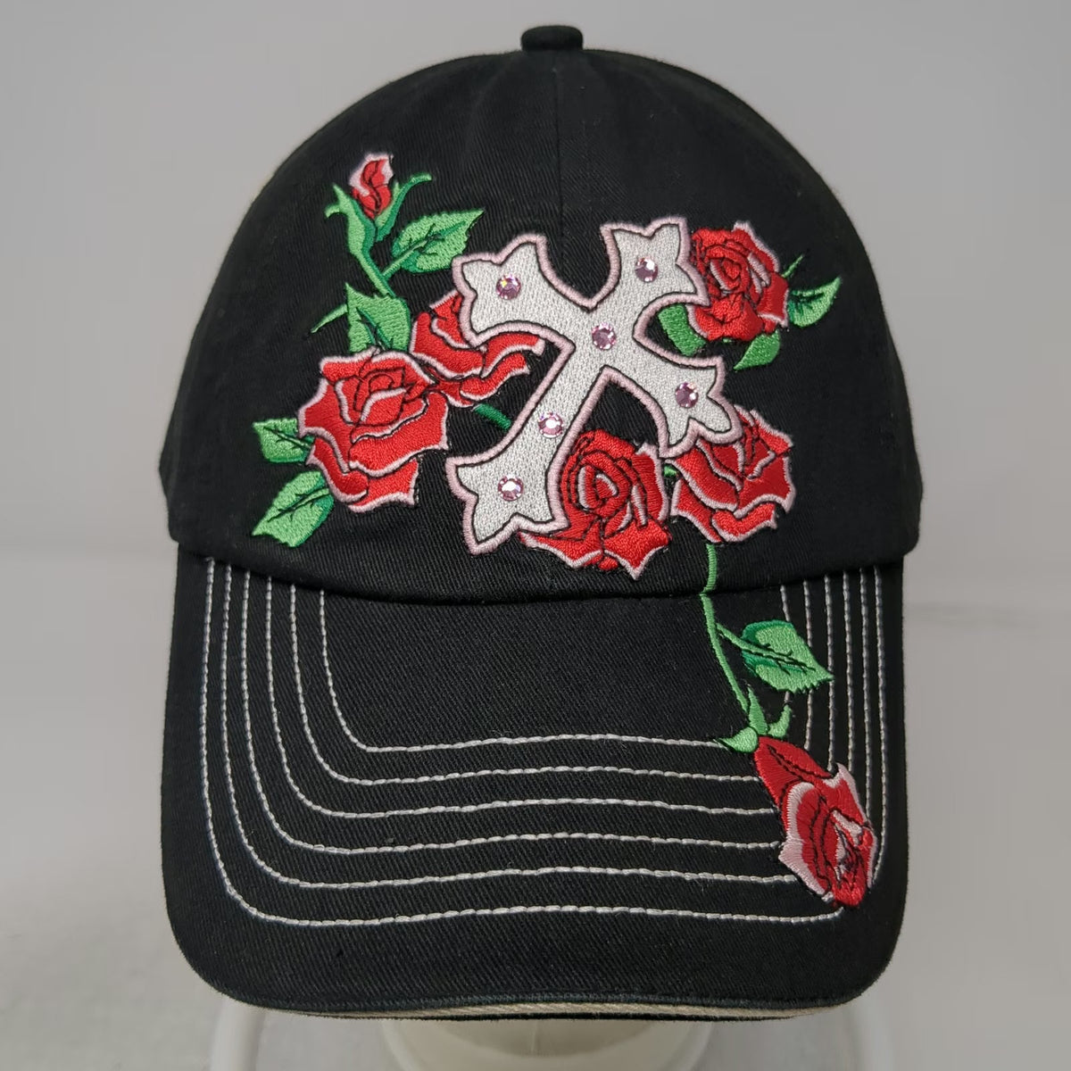 M&F Western Products Black Baseball Cap One Size Cross Rose Rhinestone Studs Hat
