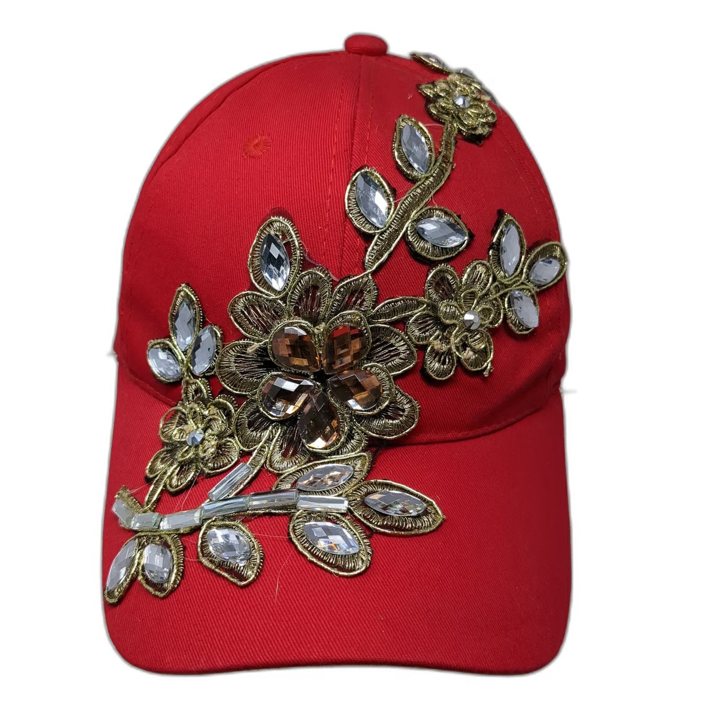 Red Baseball Cap One Size Floral Gold Embroidery Gemstone Rhinestone Hat Bling