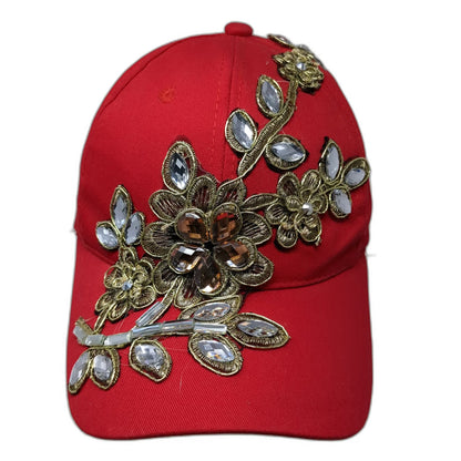Red Baseball Cap One Size Floral Gold Embroidery Gemstone Rhinestone Hat Bling