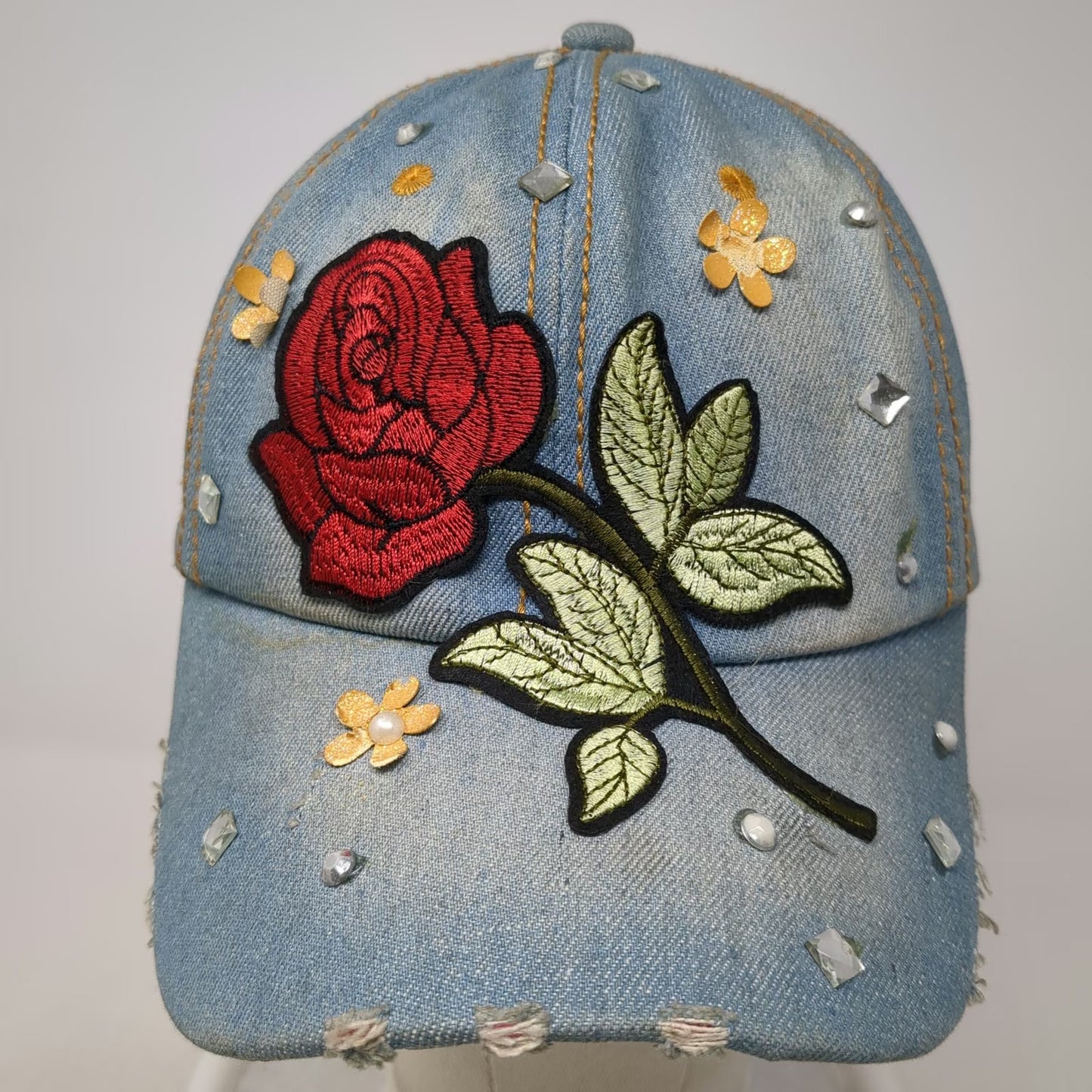 Blue Baseball Cap One Size Rose Embroidery Rhinestone Floral Stud Denim Hat