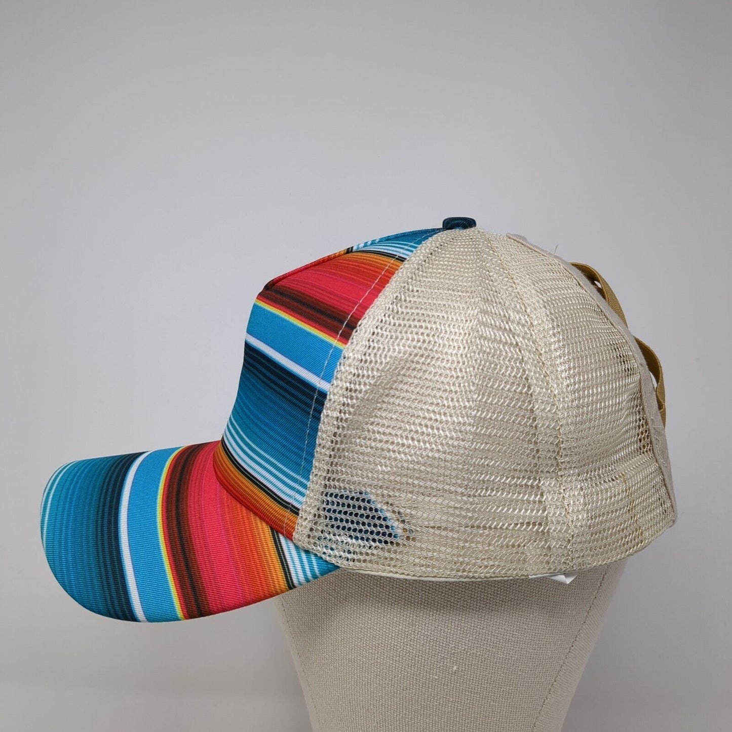 Unbranded Ponyback Strapback Hat Multicolor OS Adjustable Striped Mesh Back