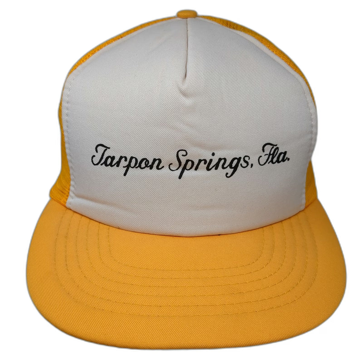 Marsco Trucker Hat Yellow OSFM Tarpon Springs Fla Script Mesh Snapback Florida
