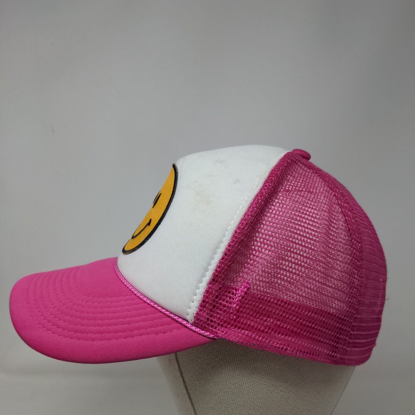 Smiley Emoji Embroidered Snapback Trucker Hat Pink One Size Mesh Back Rope