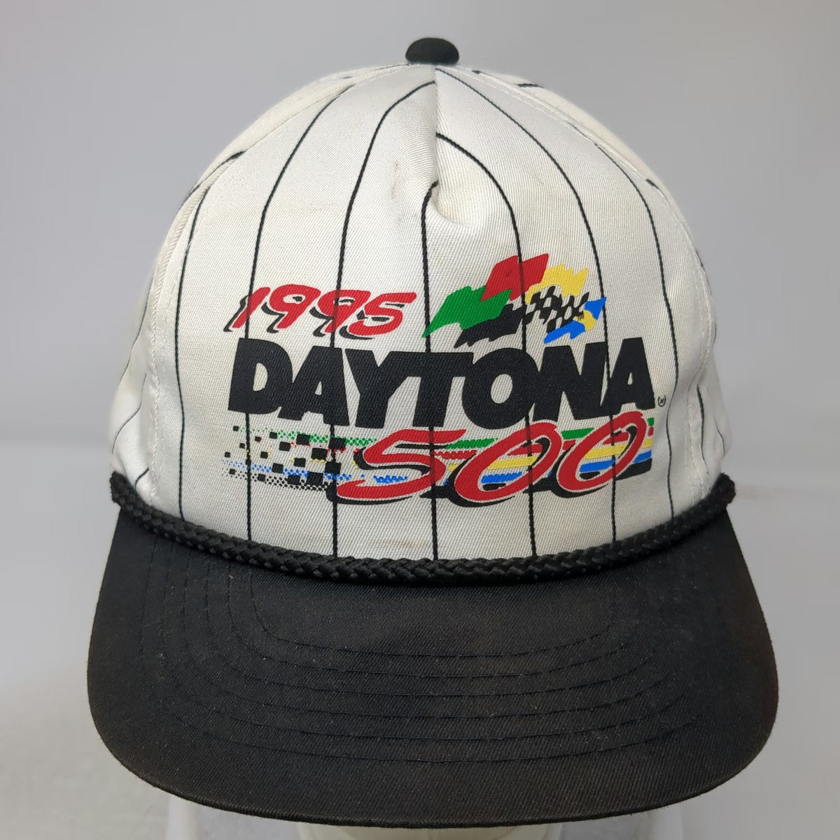 Young An 5 Panel White Hat 1995 Daytona 500 Pinstripe Rope Green Vintage