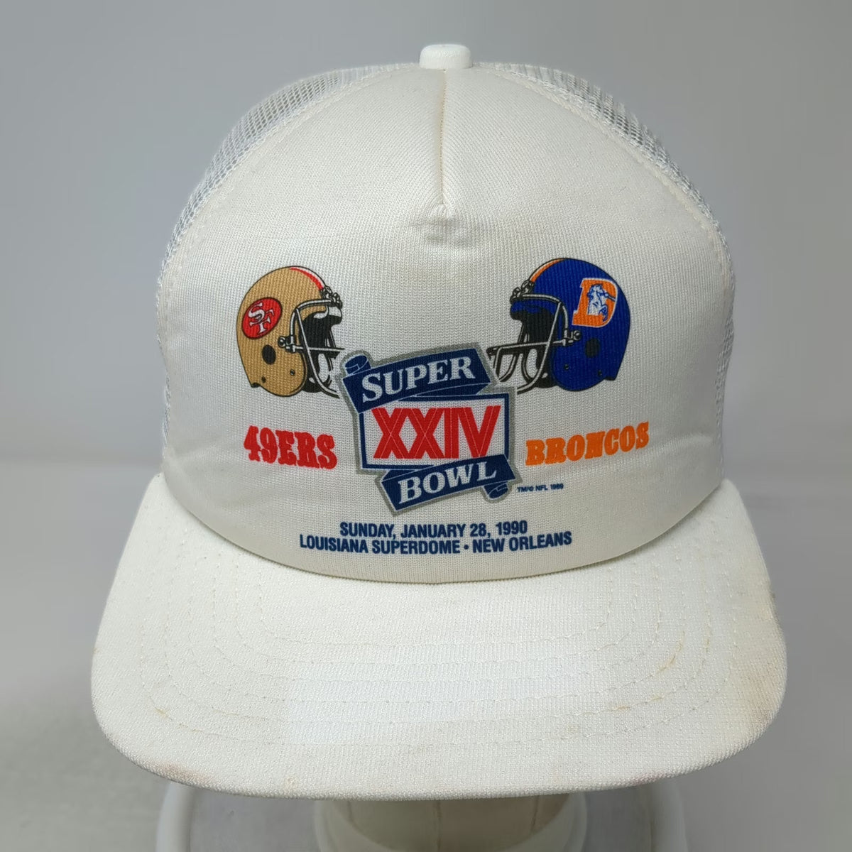 New Era 49ers Broncos NFL Super Bowl XXIV White M-L Trucker Hat Mesh Vintage