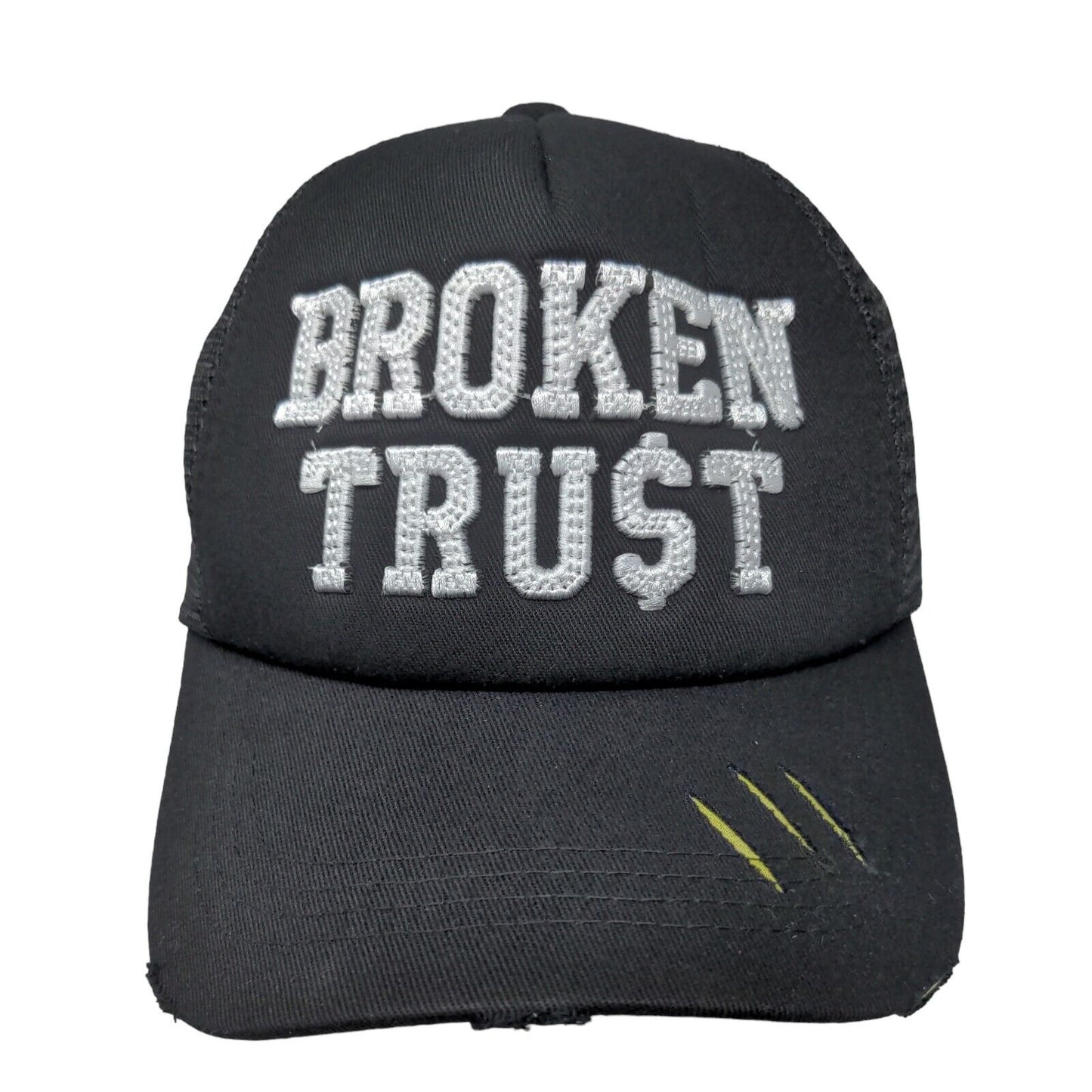 Broken Trust Snapback Trucker Hat Black OS Embroidered Distressed Mesh Back