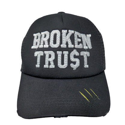 Broken Trust Snapback Trucker Hat Black OS Embroidered Distressed Mesh Back