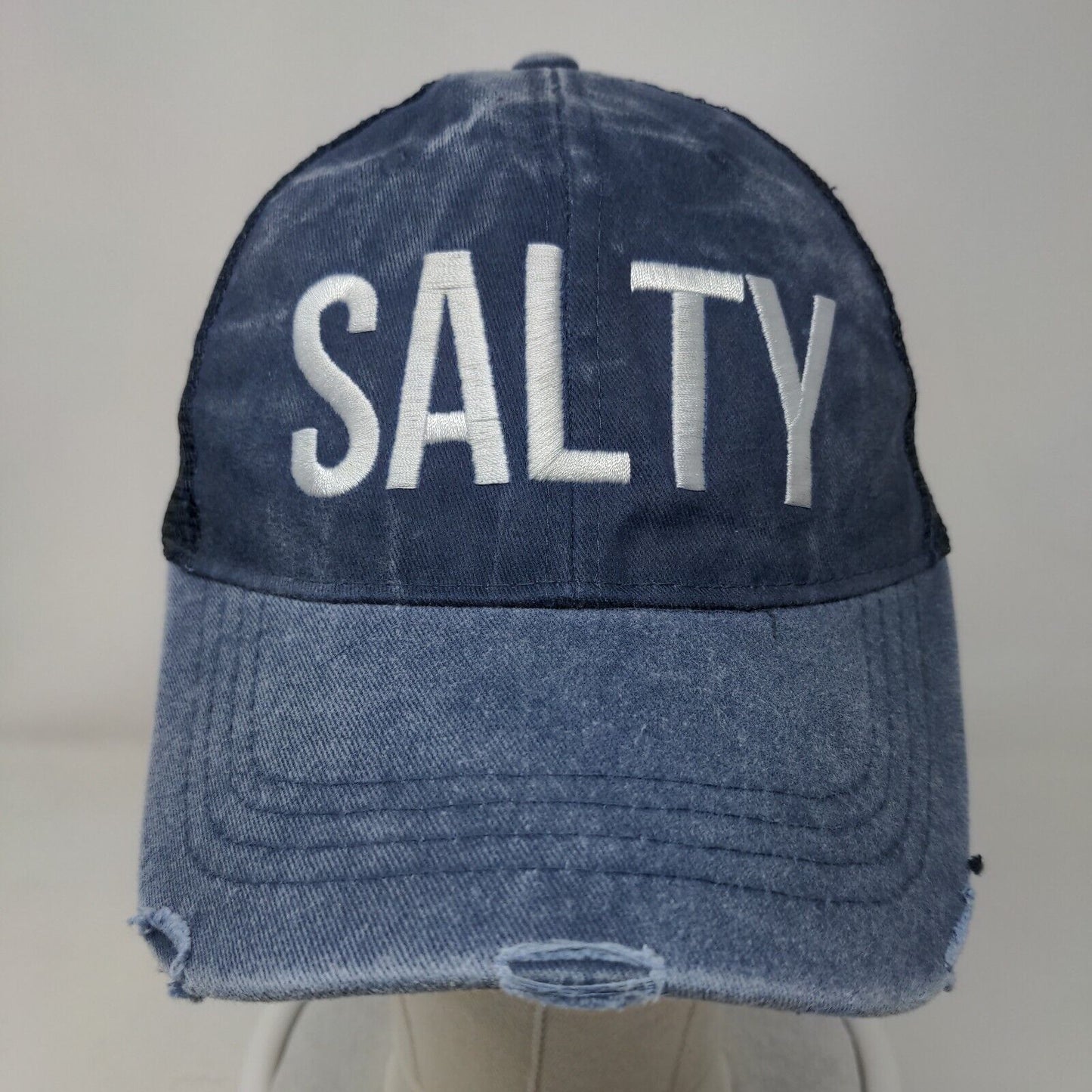 SALTY Snapback Trucker Hat Blue One Size Embroidered Mesh Back Distressed
