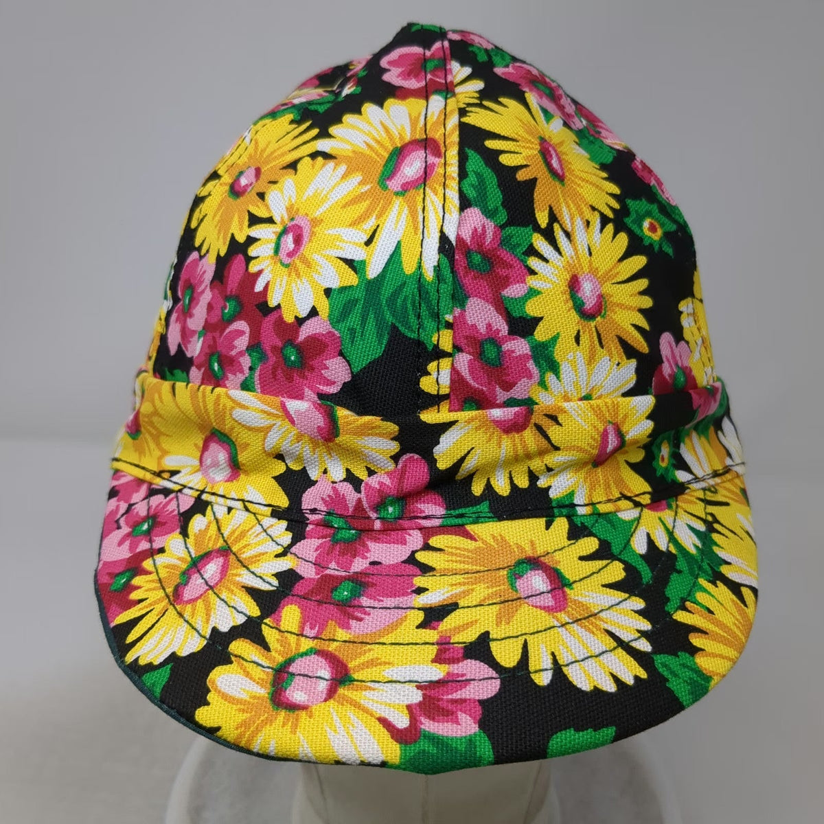 Kromer Baseball Cap Black Yellow Floral Print Hat Fitted 7 3/8 Made In USA
