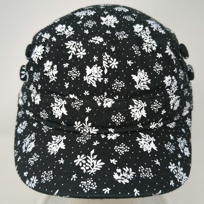 Forever 21 Army Cap Black White One Size Floral Pattern Elastic Side Buttons Hat