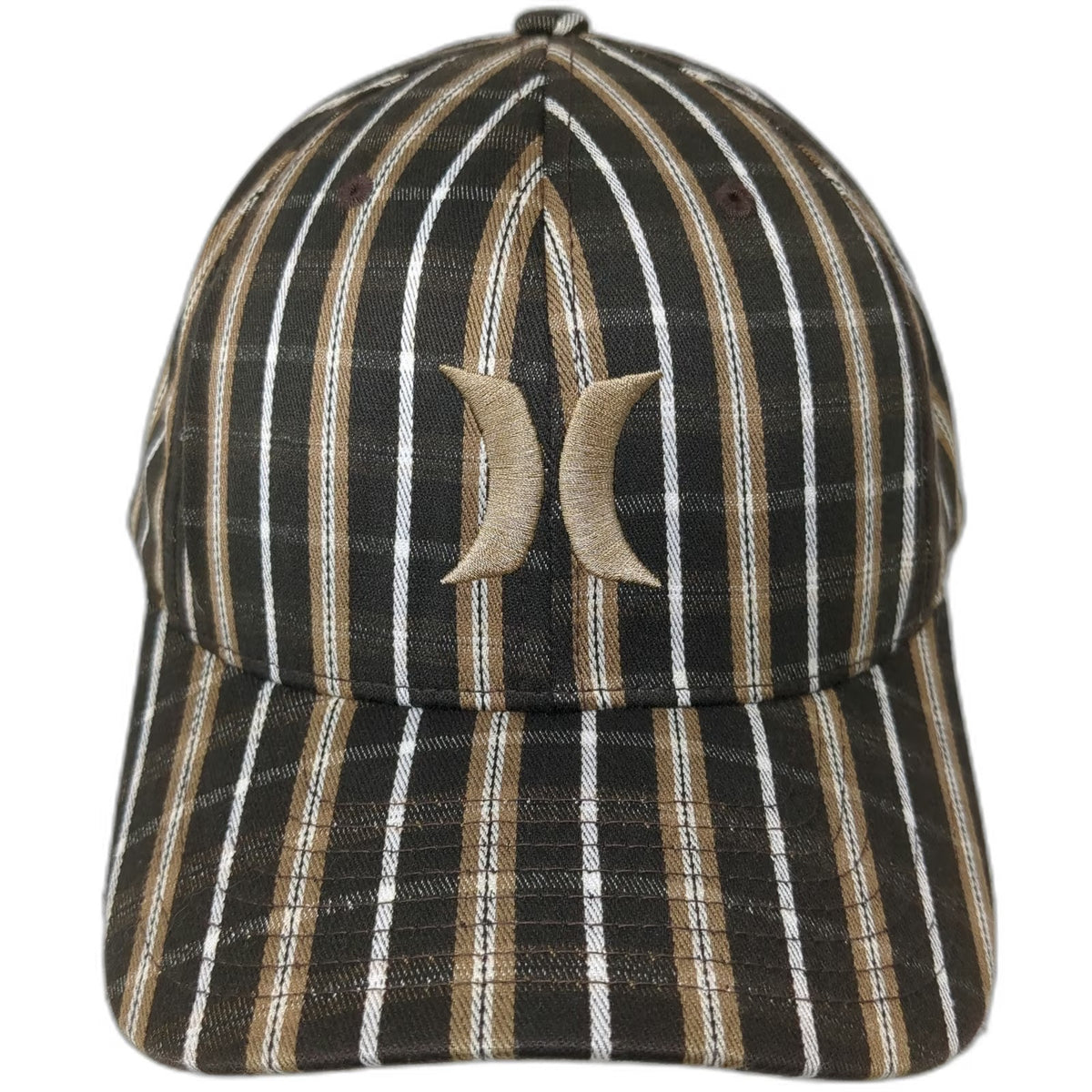 Hurley Baseball Cap Brown Gold White One Size Striped Flexfit Logo Fitted Hat