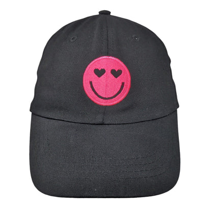 Smiley Face Strapback Hat Black One Size Adjustable Embroidered 6 Panel Cotton