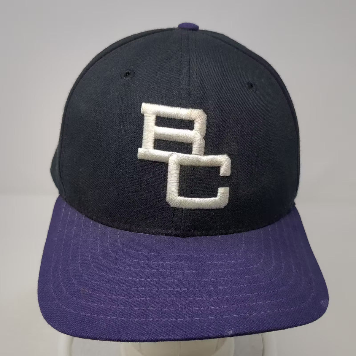 New Era BC Logo Pro Model Fitted Hat Black Purple Size 7 1/2 USA Made Vintage