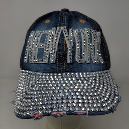 Unbranded Women's Slideback Hat Blue Denim New York Big Bling Rhinestones Cotton