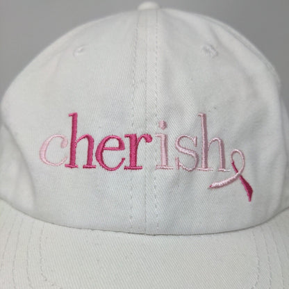 Cherish Women's Slideback Hat White Adjustable Embroidered Logo Breast Cancer