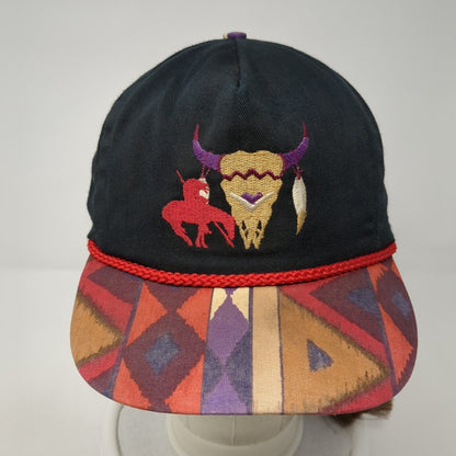 Vintage Bob Massey Tie Back Trucker Hat Black Southwest Pattern USA Skull