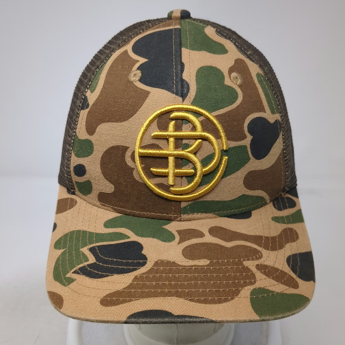 Blackwood Distilling Co. Trucker Hat Brown Camo One Size Mesh Back Gold Logo Hat