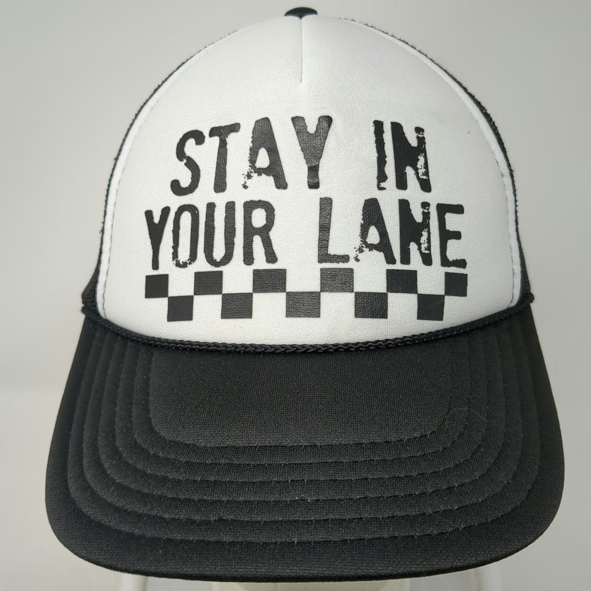 OTTO Trucker Hat Black One Size Stay In Your Lane Checkered Mesh Back Foam Hat