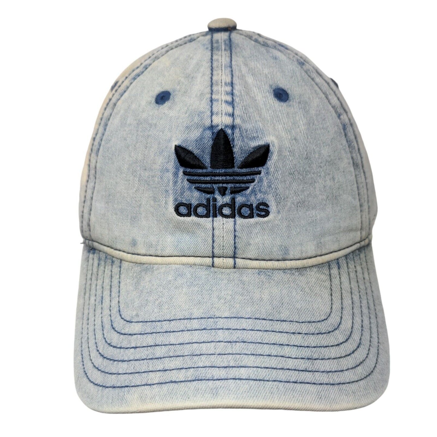 Adidas Slideback Hat Blue OS Adjustable Embroidered Trefoil Acid Wash Denim