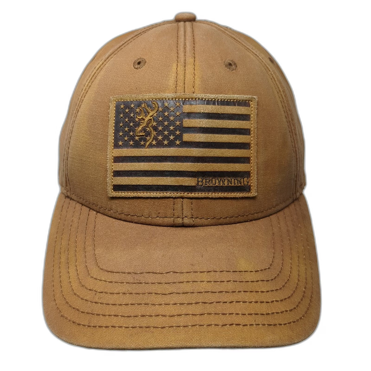 Browning Snapback Hat Brown One Size Leather Look Flag Patch Buckmark Logo