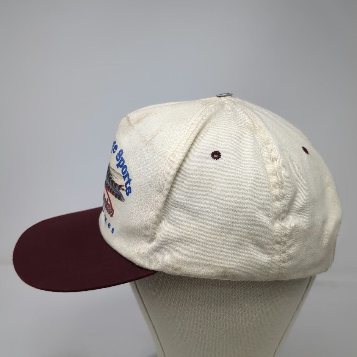 Yupoong 5 Panel Hat Beige Red One Size Fishing Fly Oquossoc Maine Snapback