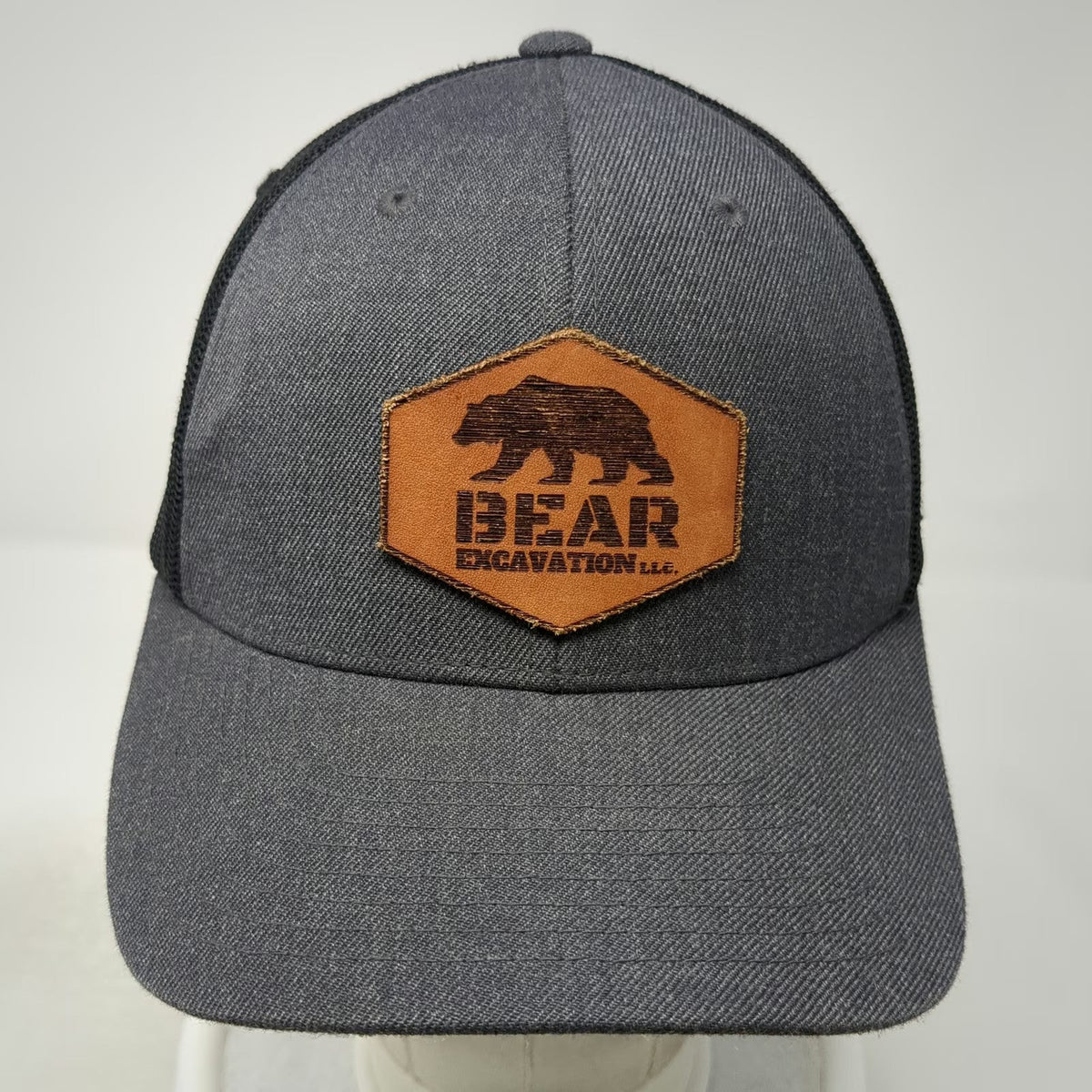 Branded Bills Trucker Hat Gray OSFM Bear Excavation LLC Leather Patch Snapback