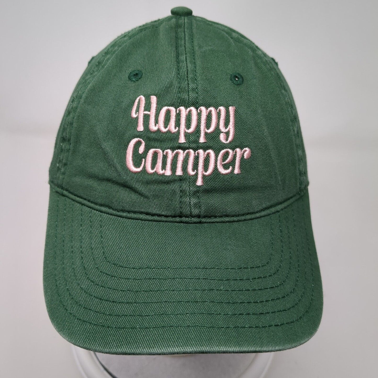 Happy Camper Slideback Hat Green OSFA Adjustable Embroidered Mighty Fine Cotton