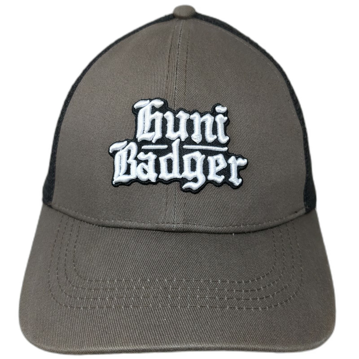 Huni Badger Trucker Hat Brown One Size Mesh Back Snapback Gothic Logo Embroidery
