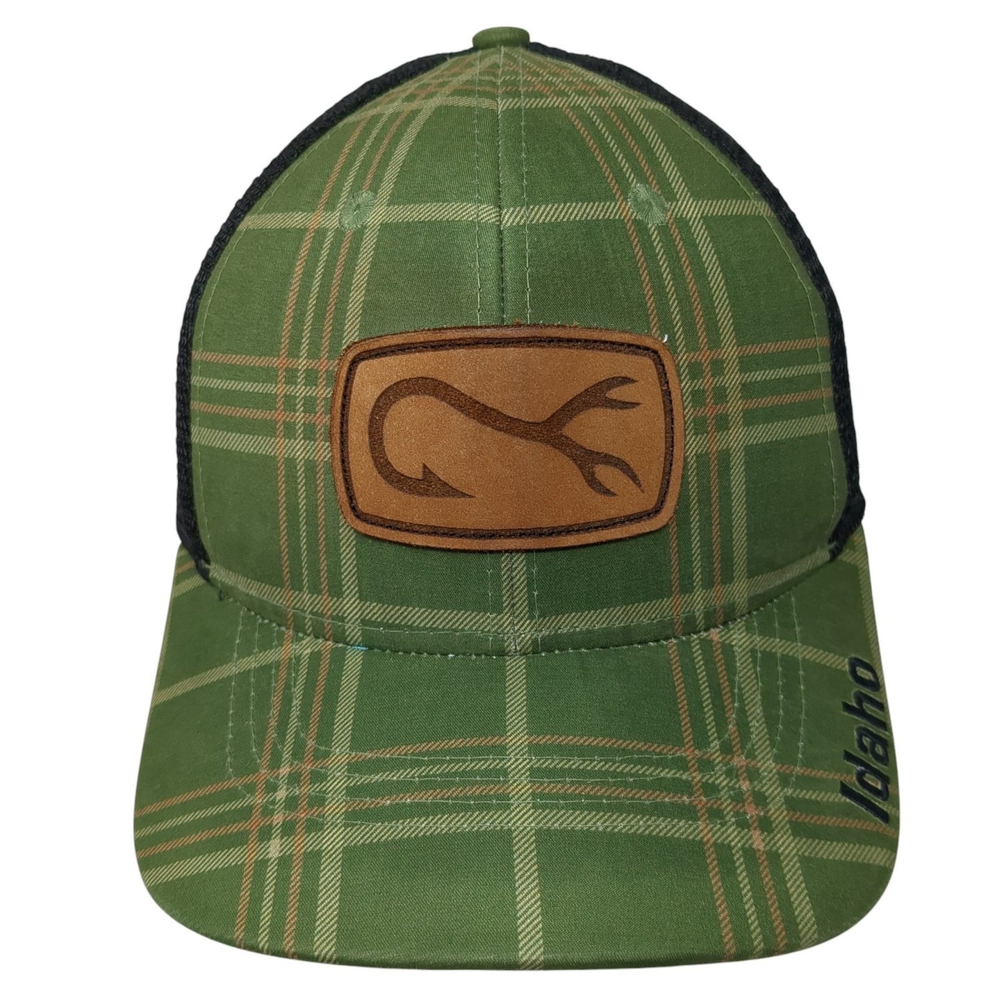 Fishing Leather Patch Idaho Snapback Trucker Hat Green One Size Plaid