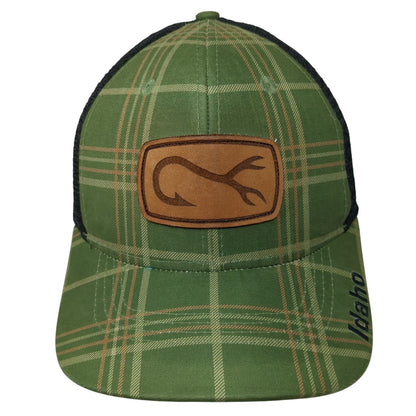 Fishing Leather Patch Idaho Snapback Trucker Hat Green One Size Plaid