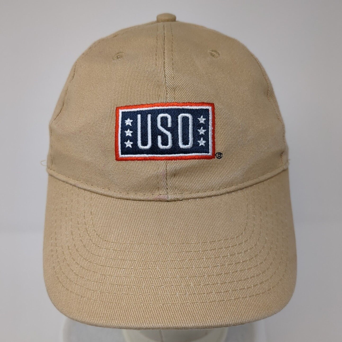 USO Support Our Heroes Slideback Hat Tan OS Adjustable Embroidered Cotton