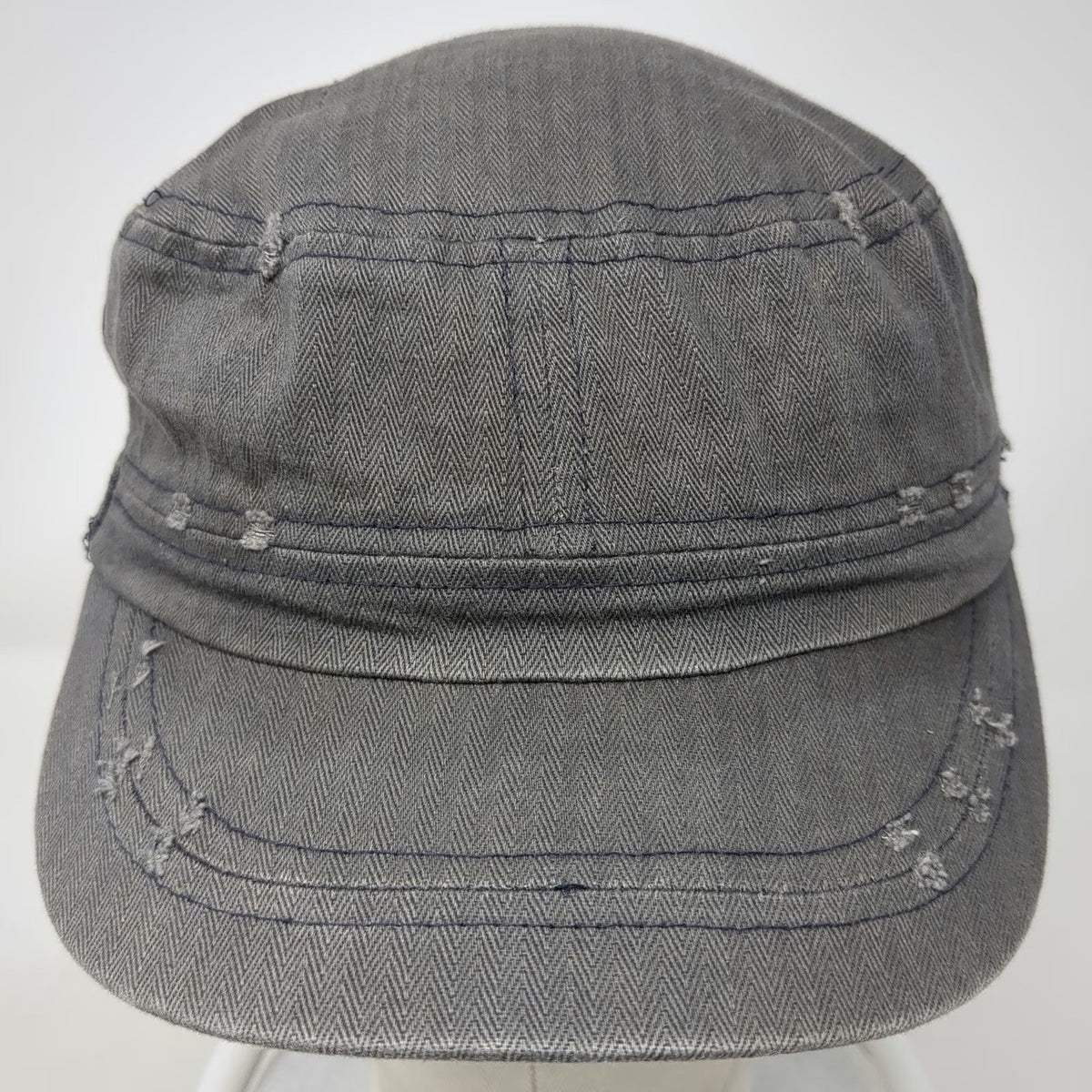 Elastafit Army Cap Gray One Size Frayed Herringbone Side Buttons Cotton Hat