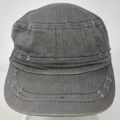 Elastafit Army Cap Gray One Size Frayed Herringbone Side Buttons Cotton Hat
