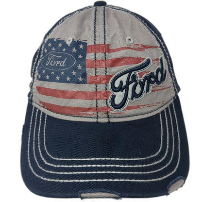 H3 Headwear Baseball Cap Blue One Size Ford American Flag Distressed Hat Stitch