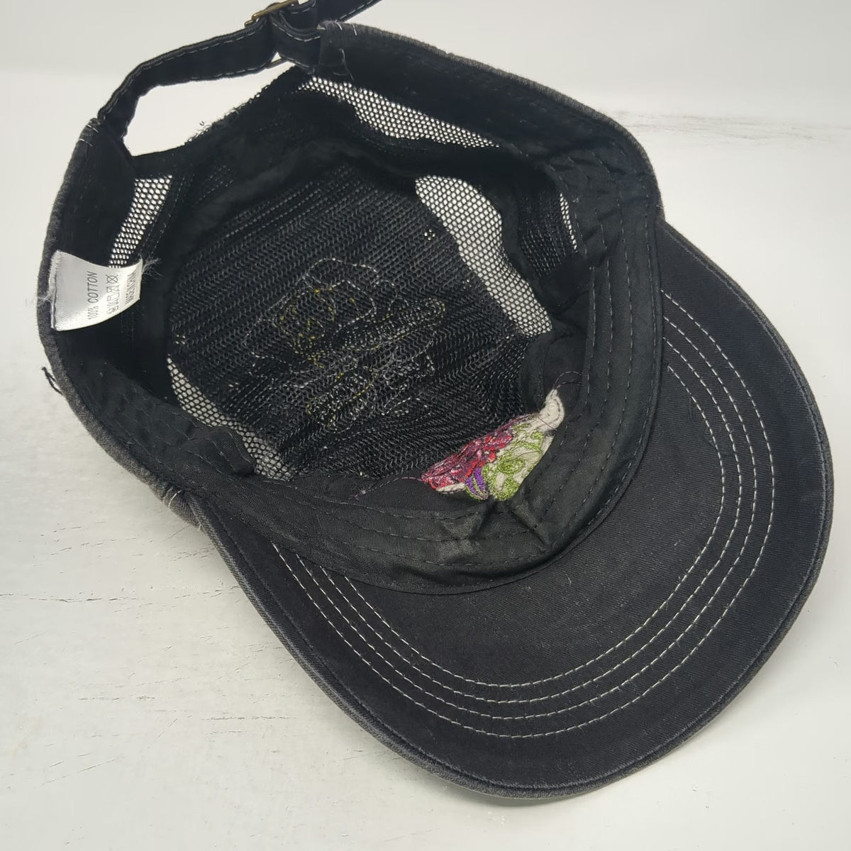 One Hand Jeans Army Cap Gray One Size Hat Mesh Distressed Rose Skull Slideback