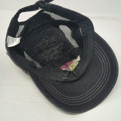 One Hand Jeans Army Cap Gray One Size Hat Mesh Distressed Rose Skull Slideback