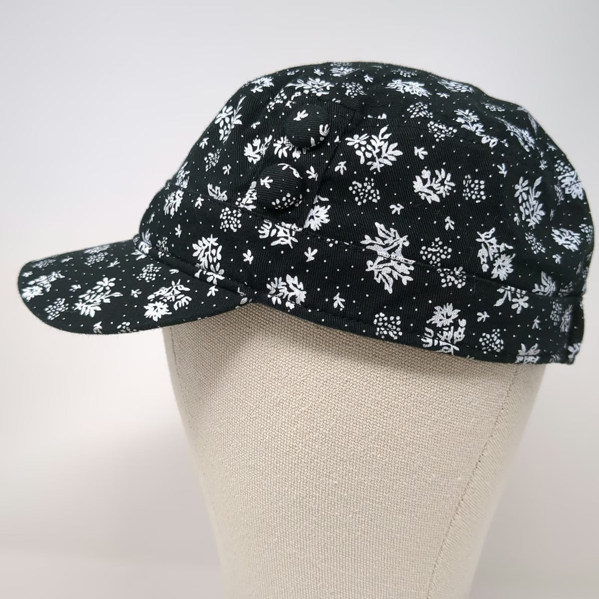 Army Cap Black White One Size Floral Polka Dot Print Side Buttons Gathered Hat