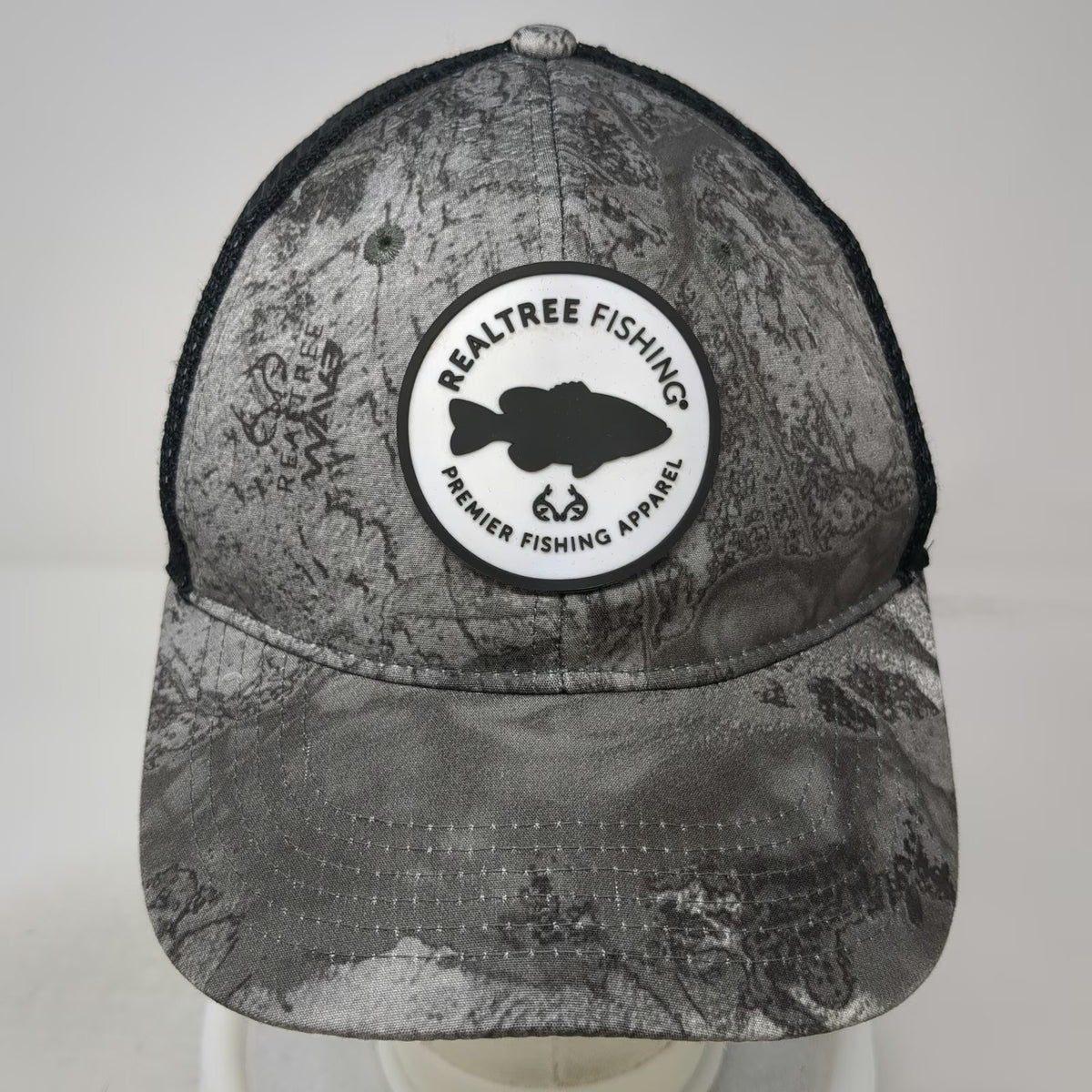 Realtree Baseball Cap Gray Black XL Fitted Mesh Camo Fishing Rubber Patch Hat