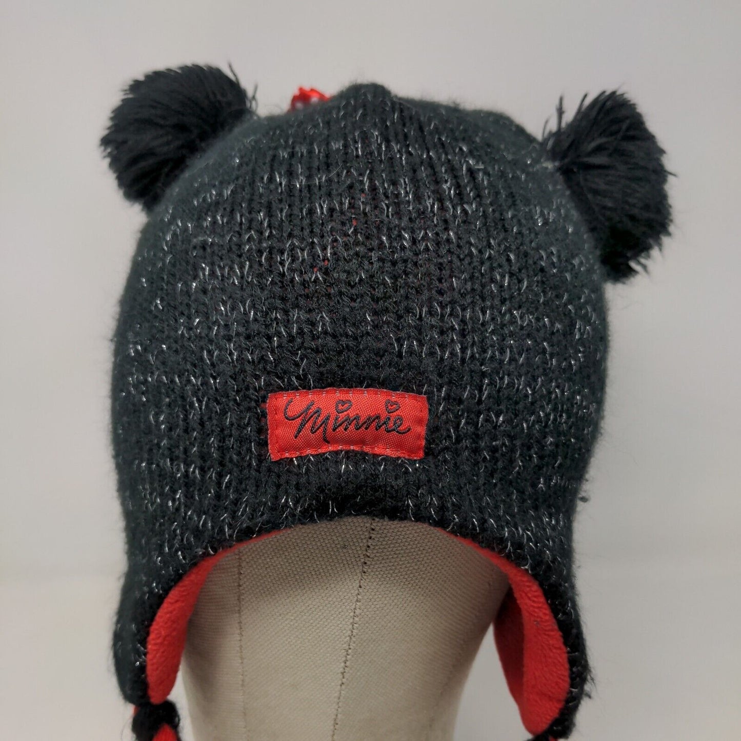 Disney Girls Knit Beanie Cap Black Red Size 4-16 Ear Flaps Fleece Lined