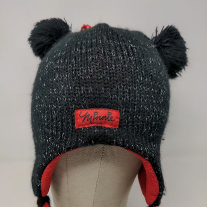 Disney Girls Knit Beanie Cap Black Red Size 4-16 Ear Flaps Fleece Lined