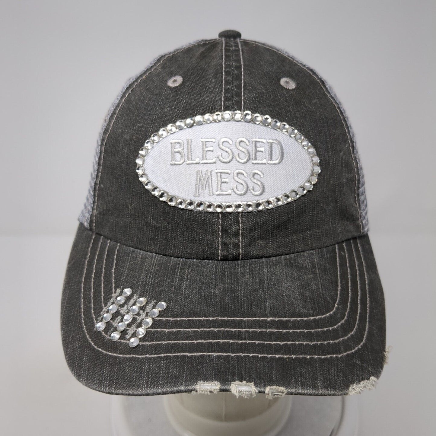 Blessed Mess Strapback Trucker Hat Gray One Size Mesh Back Rhinestone