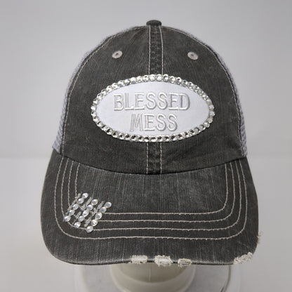 Blessed Mess Strapback Trucker Hat Gray One Size Mesh Back Rhinestone