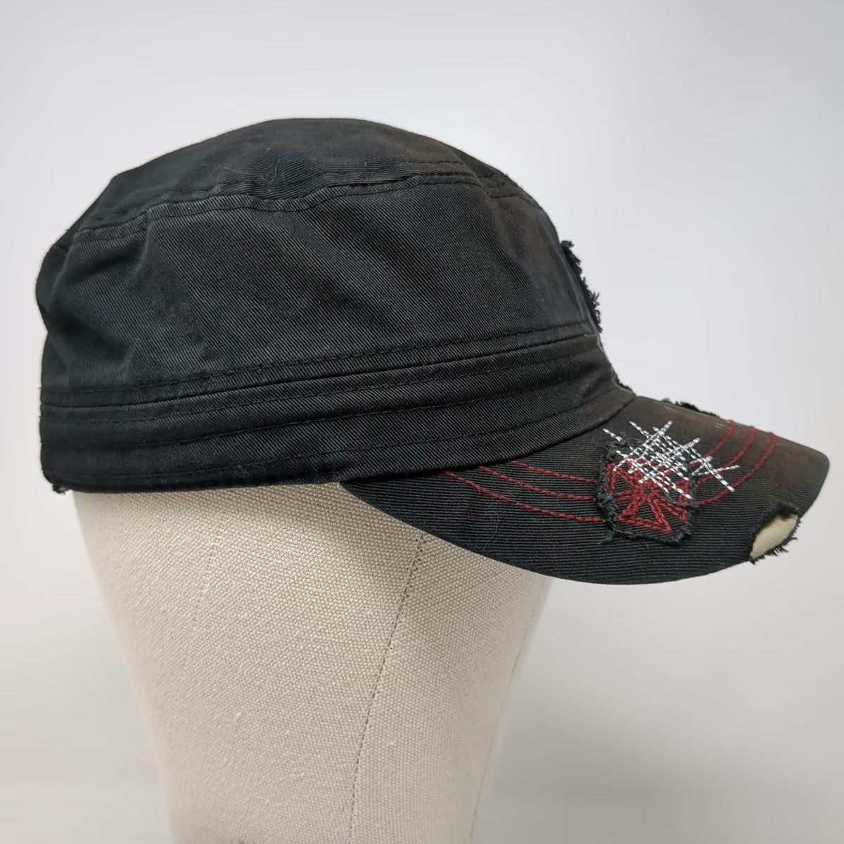 Army Cap Black One Size Cross Crown Rhinestone Distressed Biker Gothic Rock Hat