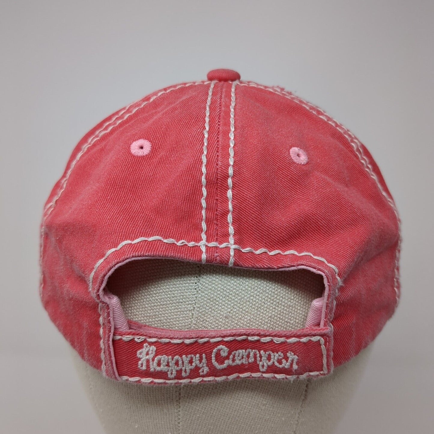 Happy Camper Strapback Hat Pink One Size Adjustable Distressed KB ETHOS Vintage