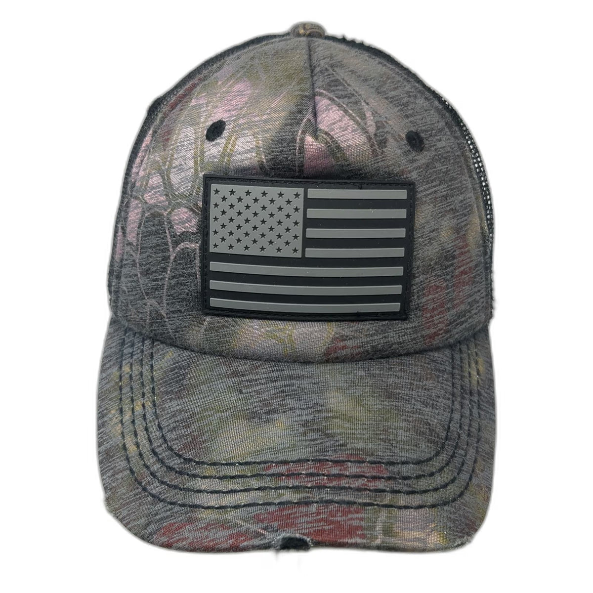 Affliction Trucker Hat Gray One Size Distressed Brim Camo USA Flag Snapback