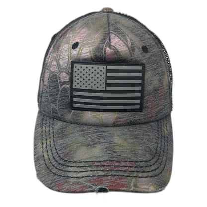 Affliction Trucker Hat Gray One Size Distressed Brim Camo USA Flag Snapback