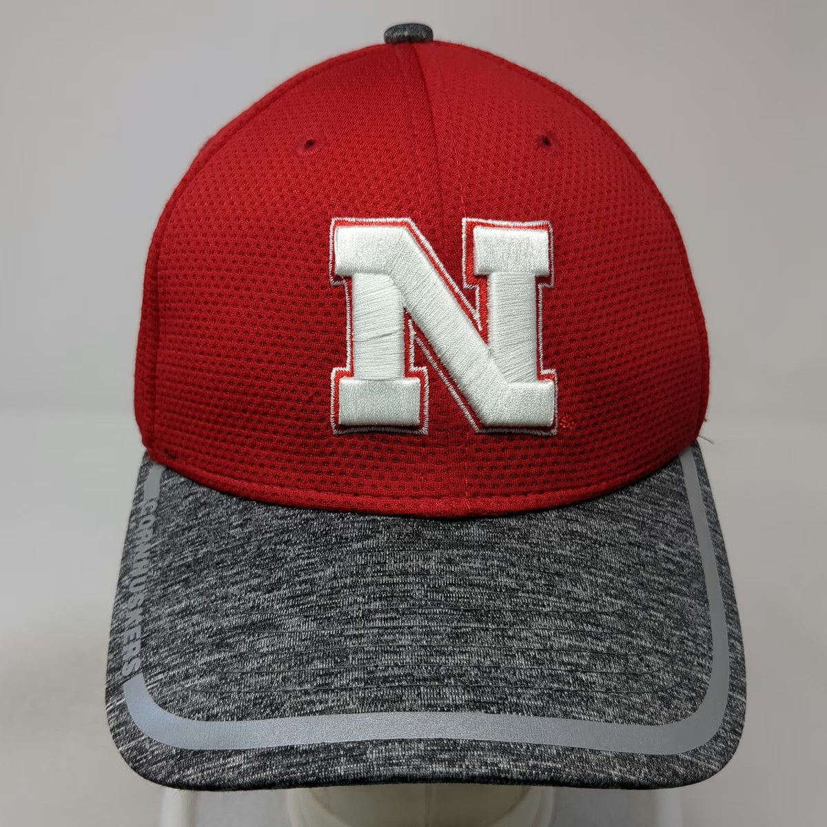 Nebraska Cornhuskers NCAA New Era Red Gray L Hat 39THIRTY Stretch Curved Brim