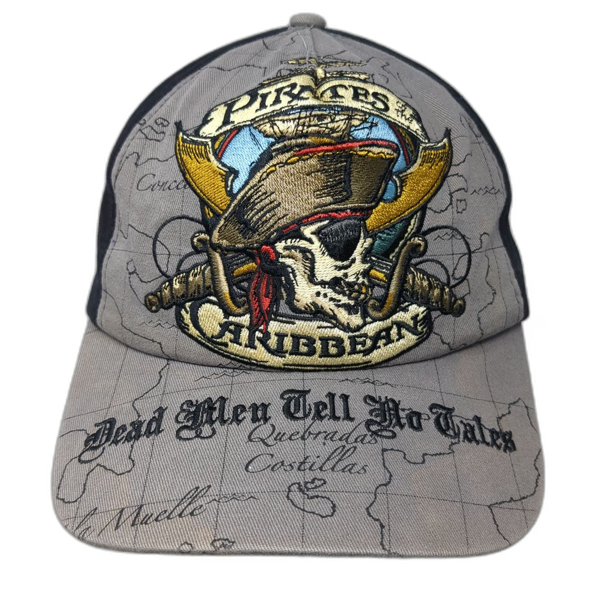 Disney Parks 5 Panel Gray One Size Hat Pirates of the Caribbean Map Print Skull