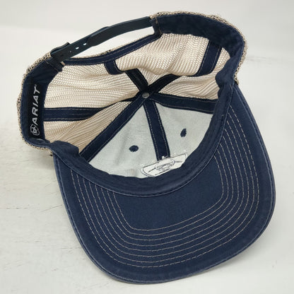 Ariat Trucker Hat Blue One Size Mesh Snapback Shield Logo Beige Stitching